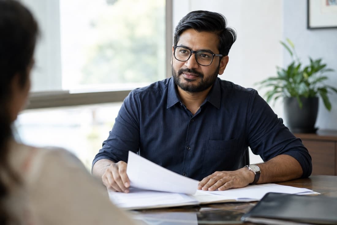 An NRiSimplify specialist reviewing property documents in India