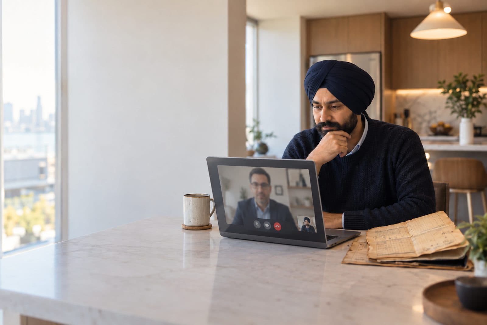 An NRI reviewing his family's land records on a video call from abroad