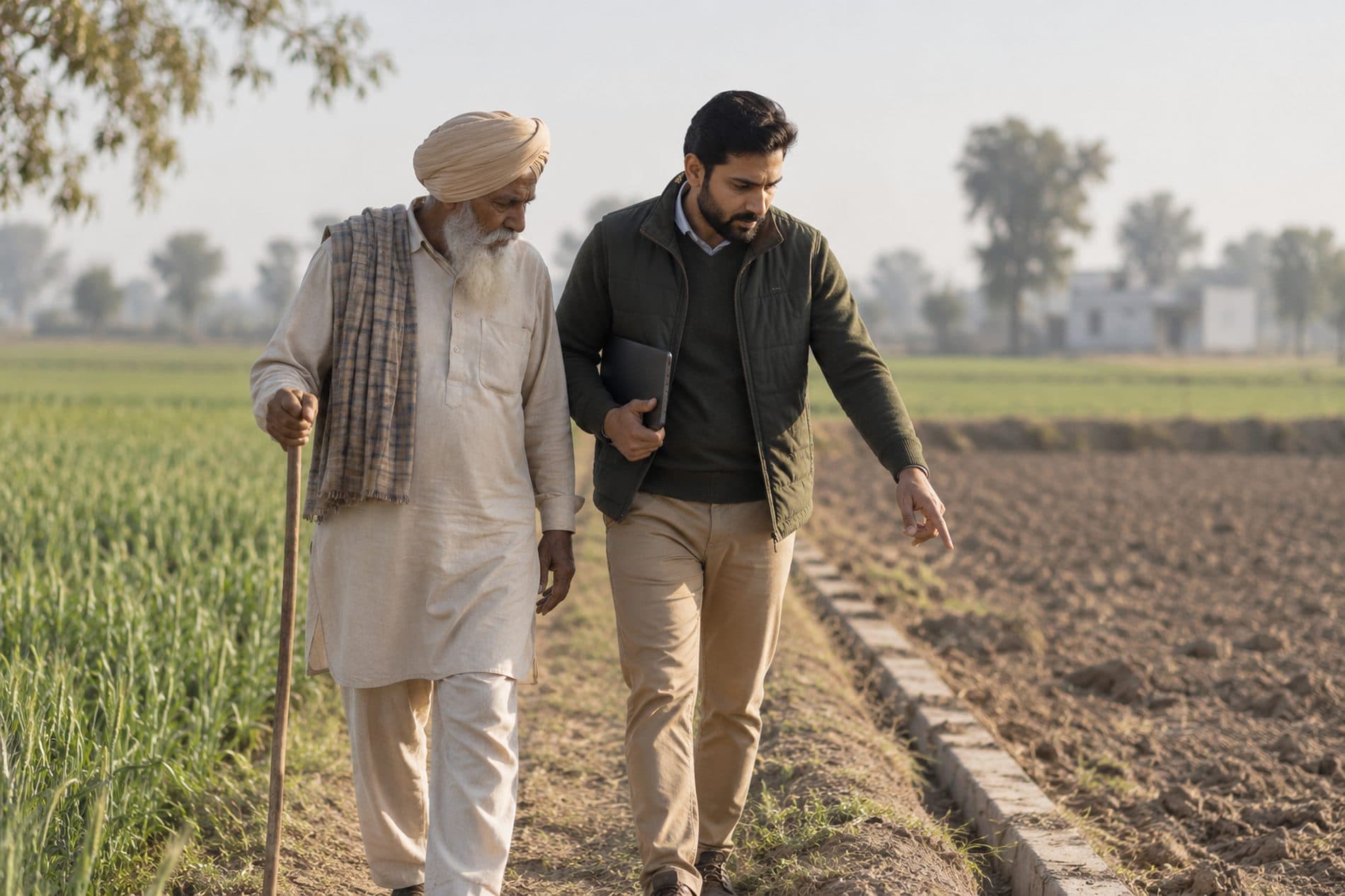 An NRiSimplify specialist walking a field boundary with a farmer in rural Punjab
