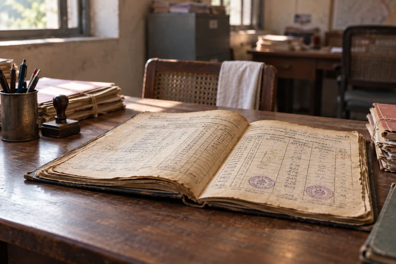 A cloth-bound revenue register open on a desk in an Indian tehsil office