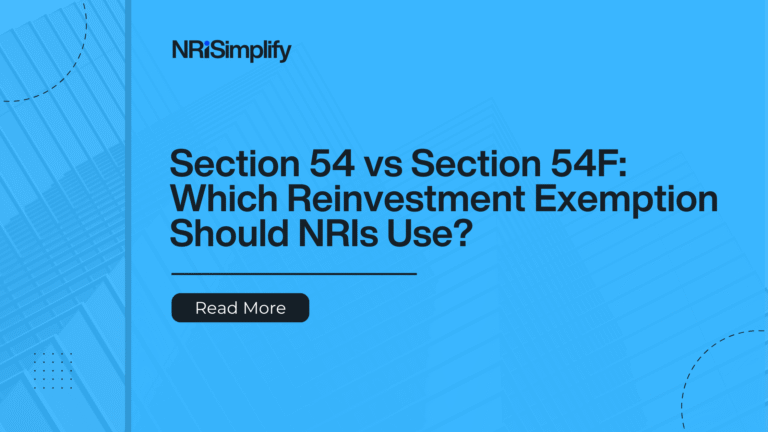 mended Image Alt Texts Section 54 vs Section 54F comparison infographic for NRI property sellers India